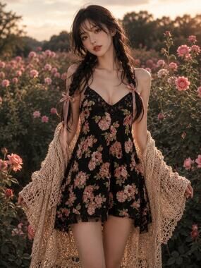Moonlit Meadow Romantic floral flowy lace trimmed mini swing cami slip dress
